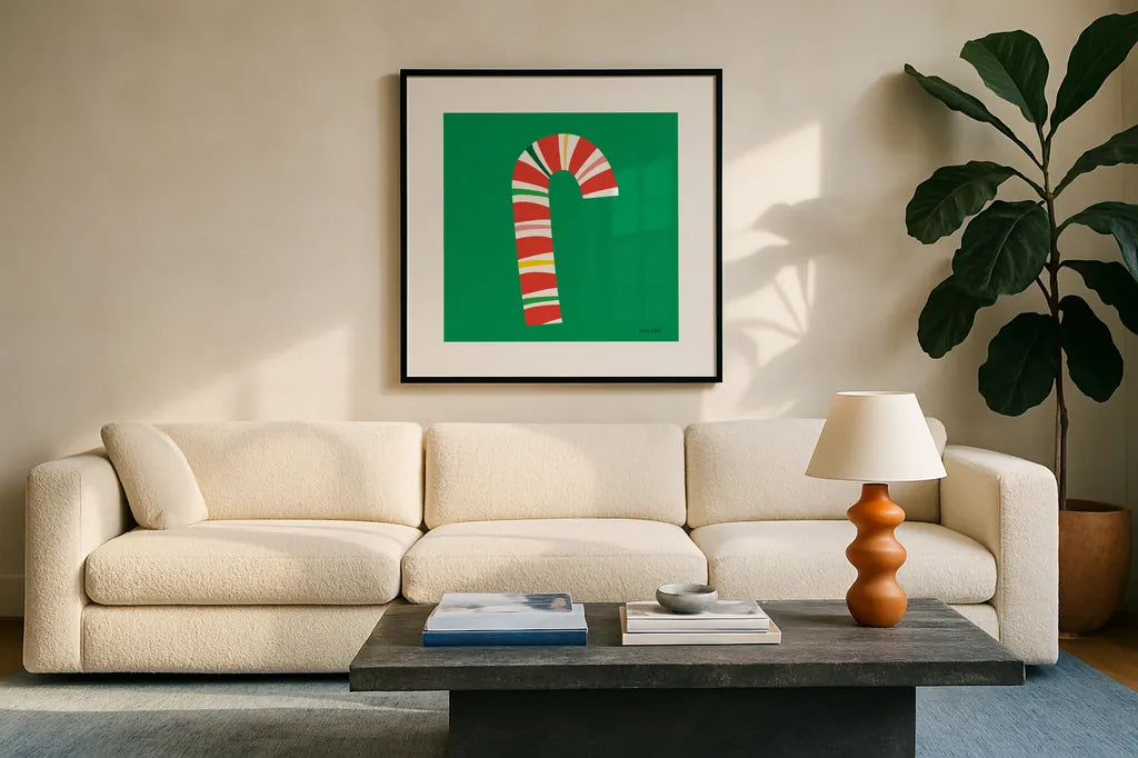Candy Cane by Ann Kelle. Displayed in a glass frame with matte in a clean modern living room. Available as an archival giclee rolled canvas, fine art paper, or poster print. SKU 81223a.