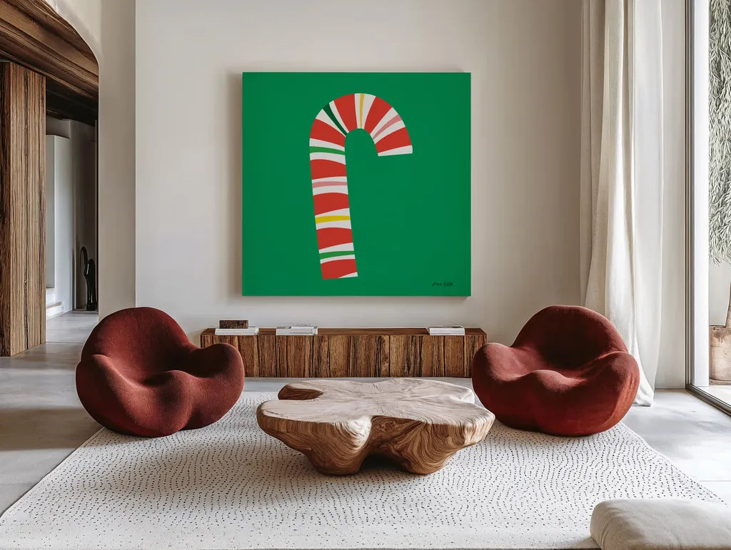 Candy Cane by Ann Kelle. Shown as extra-large giant wall art in a modern living room. Available as an archival giclee rolled canvas, fine art paper, or poster print. SKU 81223a.