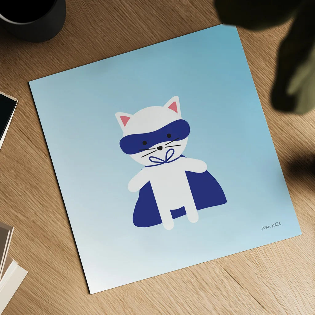 Cat Super Hero by Ann Kelle. Shown as a detailed flat fine art print, highlighting archival giclee quality. Available as an archival giclee rolled canvas, fine art paper, or poster print. SKU 55594a.