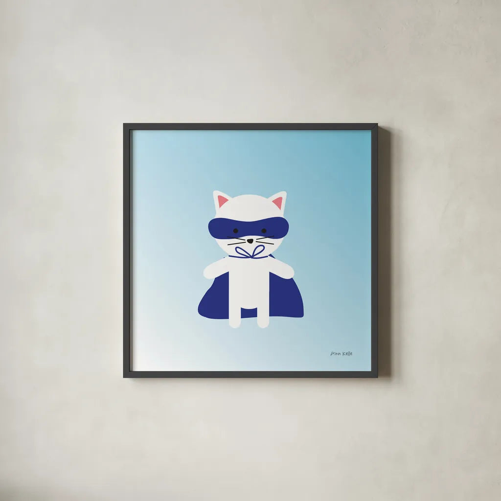 Cat Super Hero by Ann Kelle. Shown in a sleek black glass frame for a contemporary gallery look. Available as an archival giclee rolled canvas, fine art paper, or poster print. SKU 55594a.
