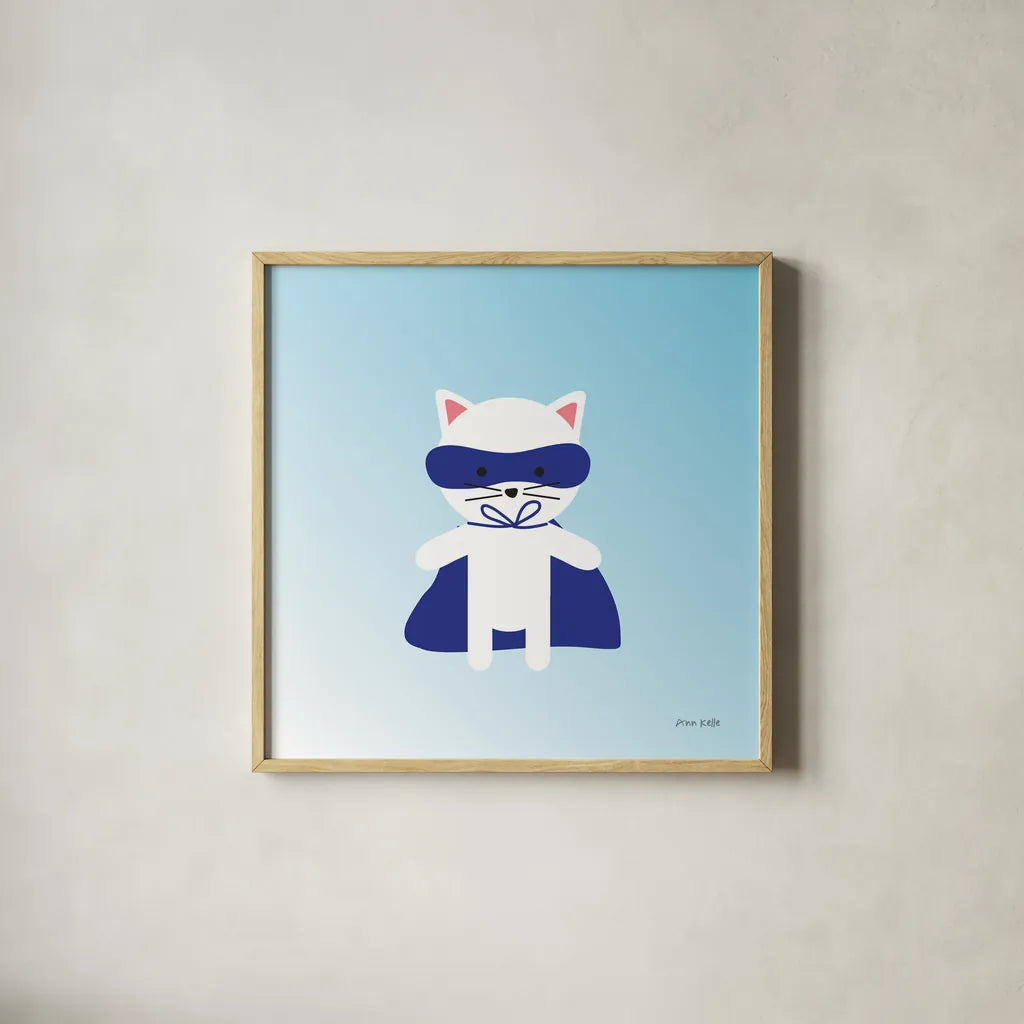 Cat Super Hero by Ann Kelle. Shown in a natural wood glass frame for a timeless modern aesthetic. Available as an archival giclee rolled canvas, fine art paper, or poster print. SKU 55594a.