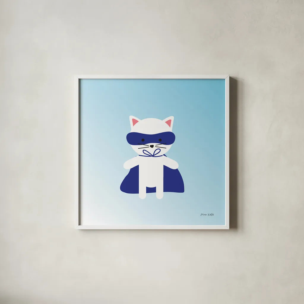 Cat Super Hero by Ann Kelle. Shown in a crisp white glass frame for a clean and minimalist style. Available as an archival giclee rolled canvas, fine art paper, or poster print. SKU 55594a.