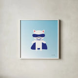 Cat Super Hero by Ann Kelle. Shown in a crisp white glass frame for a clean and minimalist style. Available as an archival giclee rolled canvas, fine art paper, or poster print. SKU 55594a.