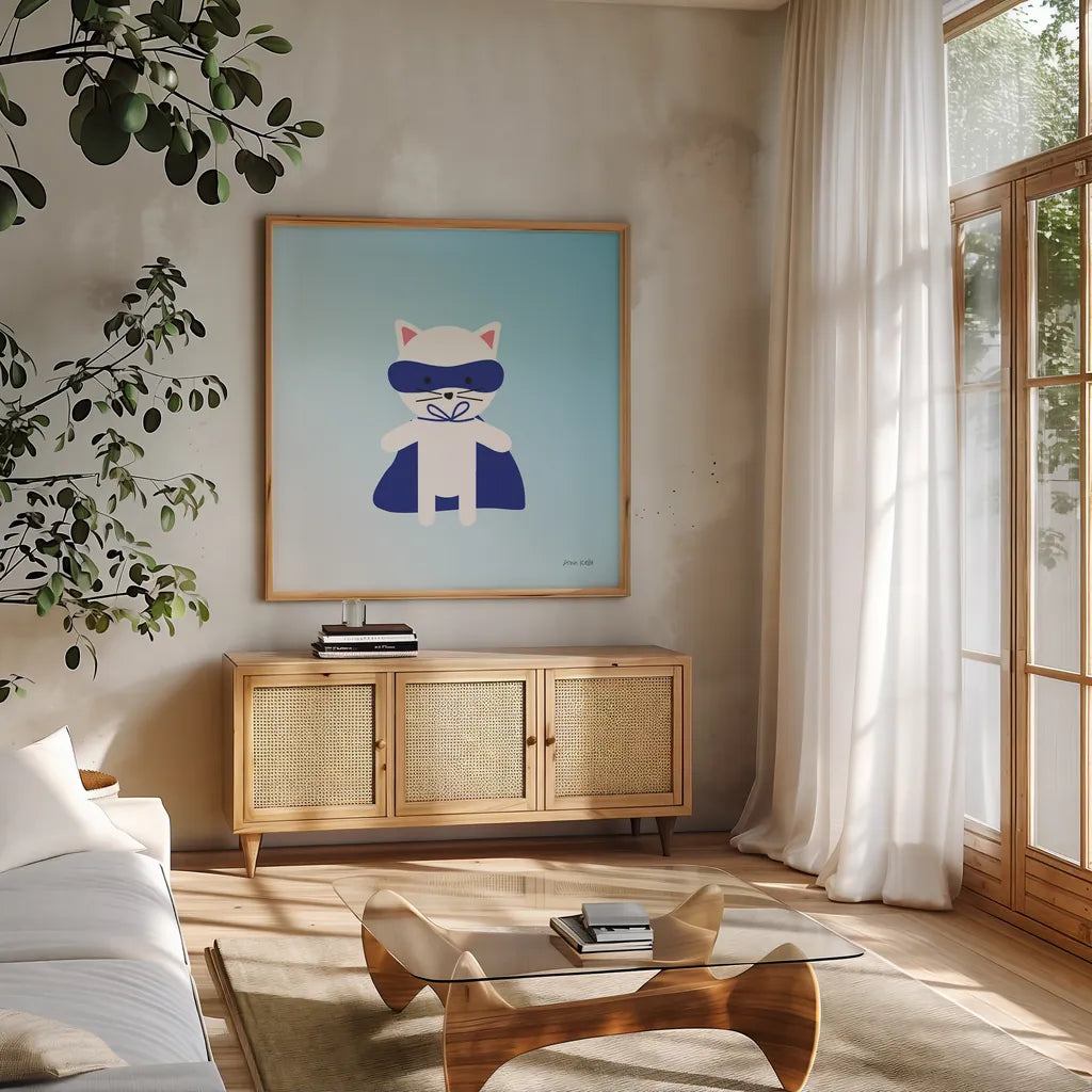 Cat Super Hero by Ann Kelle. Shown in a natural wood frame in a cozy modern living room. Available as an archival giclee rolled canvas, fine art paper, or poster print. SKU 55594a.