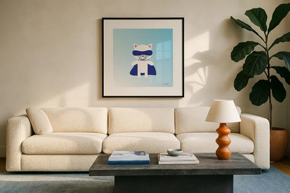 Cat Super Hero by Ann Kelle. Displayed in a glass frame with matte in a clean modern living room. Available as an archival giclee rolled canvas, fine art paper, or poster print. SKU 55594a.