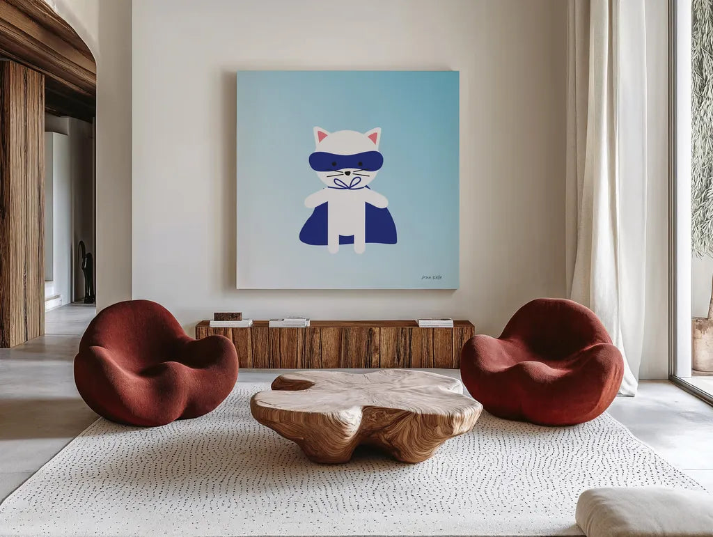 Cat Super Hero by Ann Kelle. Shown as extra-large giant wall art in a modern living room. Available as an archival giclee rolled canvas, fine art paper, or poster print. SKU 55594a.