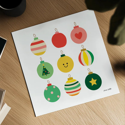 Christmas Bulbs by Ann Kelle. Shown as a detailed flat fine art print, highlighting archival giclee quality. Available as an archival giclee rolled canvas, fine art paper, or poster print. SKU 81224a.