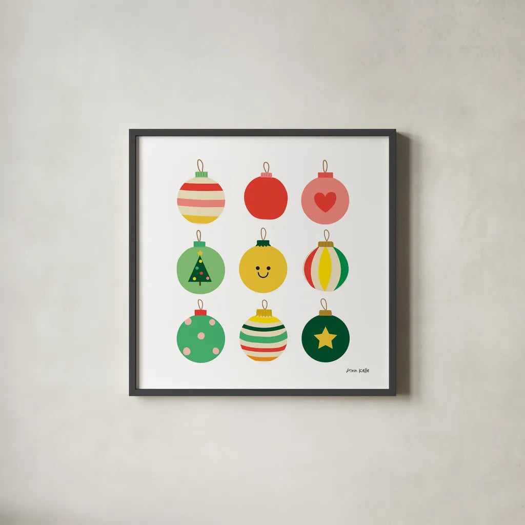 Christmas Bulbs by Ann Kelle. Shown in a sleek black glass frame for a contemporary gallery look. Available as an archival giclee rolled canvas, fine art paper, or poster print. SKU 81224a.