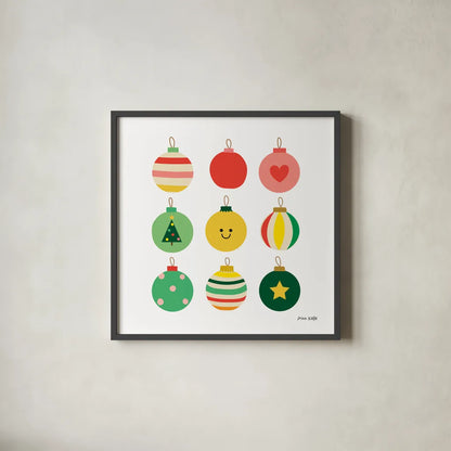 Christmas Bulbs by Ann Kelle. Shown in a sleek black glass frame for a contemporary gallery look. Available as an archival giclee rolled canvas, fine art paper, or poster print. SKU 81224a.