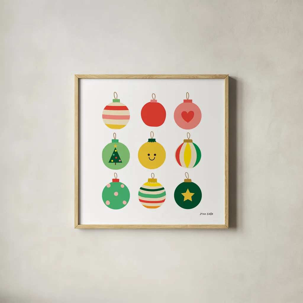 Christmas Bulbs by Ann Kelle. Shown in a natural wood glass frame for a timeless modern aesthetic. Available as an archival giclee rolled canvas, fine art paper, or poster print. SKU 81224a.