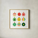 Christmas Bulbs by Ann Kelle. Shown in a natural wood glass frame for a timeless modern aesthetic. Available as an archival giclee rolled canvas, fine art paper, or poster print. SKU 81224a.