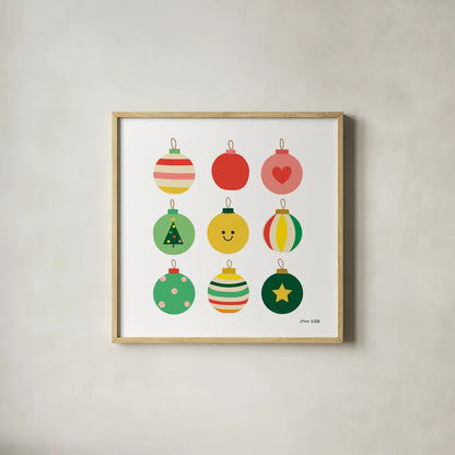 Christmas Bulbs by Ann Kelle. Shown in a natural wood glass frame for a timeless modern aesthetic. Available as an archival giclee rolled canvas, fine art paper, or poster print. SKU 81224a.