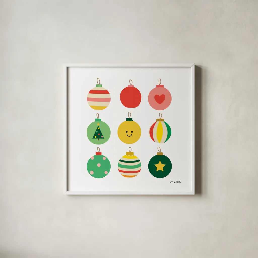Christmas Bulbs by Ann Kelle. Shown in a crisp white glass frame for a clean and minimalist style. Available as an archival giclee rolled canvas, fine art paper, or poster print. SKU 81224a.