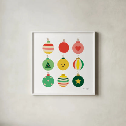 Christmas Bulbs by Ann Kelle. Shown in a crisp white glass frame for a clean and minimalist style. Available as an archival giclee rolled canvas, fine art paper, or poster print. SKU 81224a.