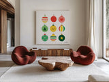 Christmas Bulbs by Ann Kelle. Shown as extra-large giant wall art in a modern living room. Available as an archival giclee rolled canvas, fine art paper, or poster print. SKU 81224a.