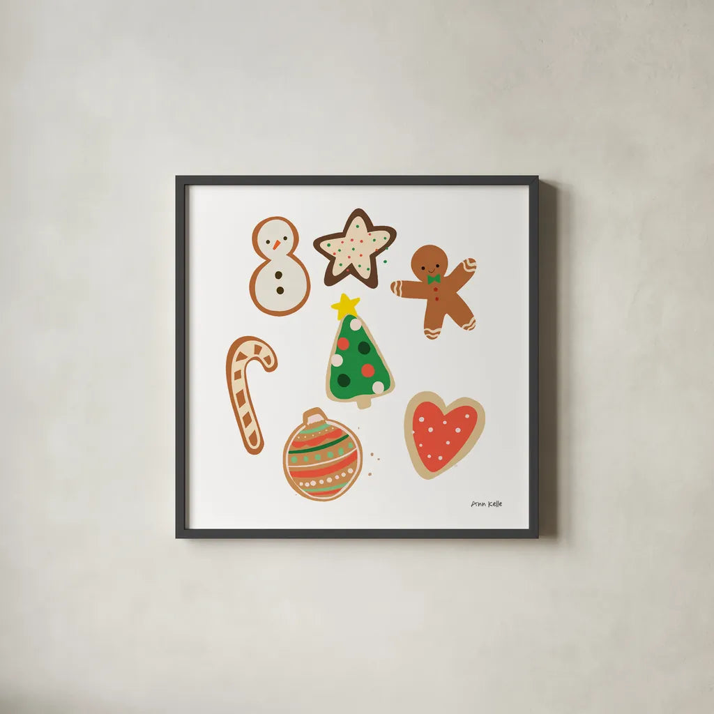 Christmas Cookies by Ann Kelle. Shown in a sleek black glass frame for a contemporary gallery look. Available as an archival giclee rolled canvas, fine art paper, or poster print. SKU 81225a.