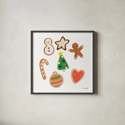 Christmas Cookies by Ann Kelle. Shown in a sleek black glass frame for a contemporary gallery look. Available as an archival giclee rolled canvas, fine art paper, or poster print. SKU 81225a.