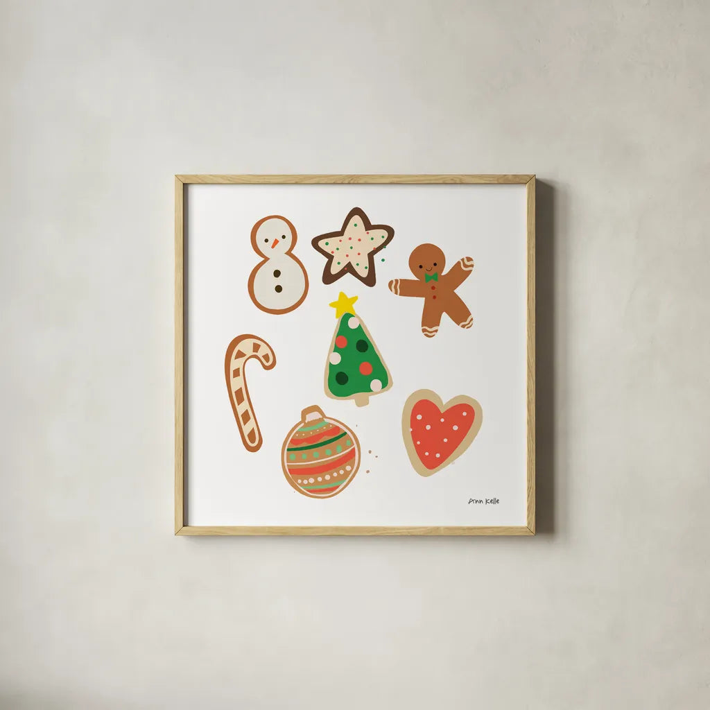 Christmas Cookies by Ann Kelle. Shown in a natural wood glass frame for a timeless modern aesthetic. Available as an archival giclee rolled canvas, fine art paper, or poster print. SKU 81225a.