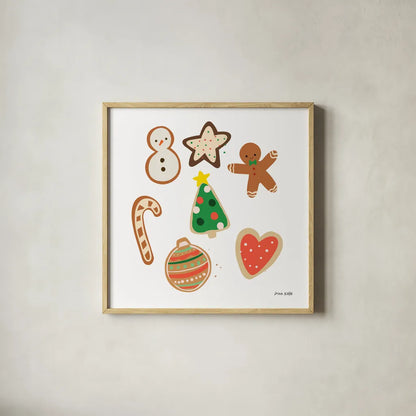 Christmas Cookies by Ann Kelle. Shown in a natural wood glass frame for a timeless modern aesthetic. Available as an archival giclee rolled canvas, fine art paper, or poster print. SKU 81225a.