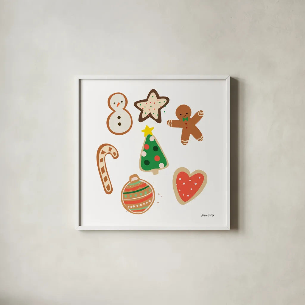 Christmas Cookies by Ann Kelle. Shown in a crisp white glass frame for a clean and minimalist style. Available as an archival giclee rolled canvas, fine art paper, or poster print. SKU 81225a.
