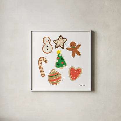 Christmas Cookies by Ann Kelle. Shown in a crisp white glass frame for a clean and minimalist style. Available as an archival giclee rolled canvas, fine art paper, or poster print. SKU 81225a.