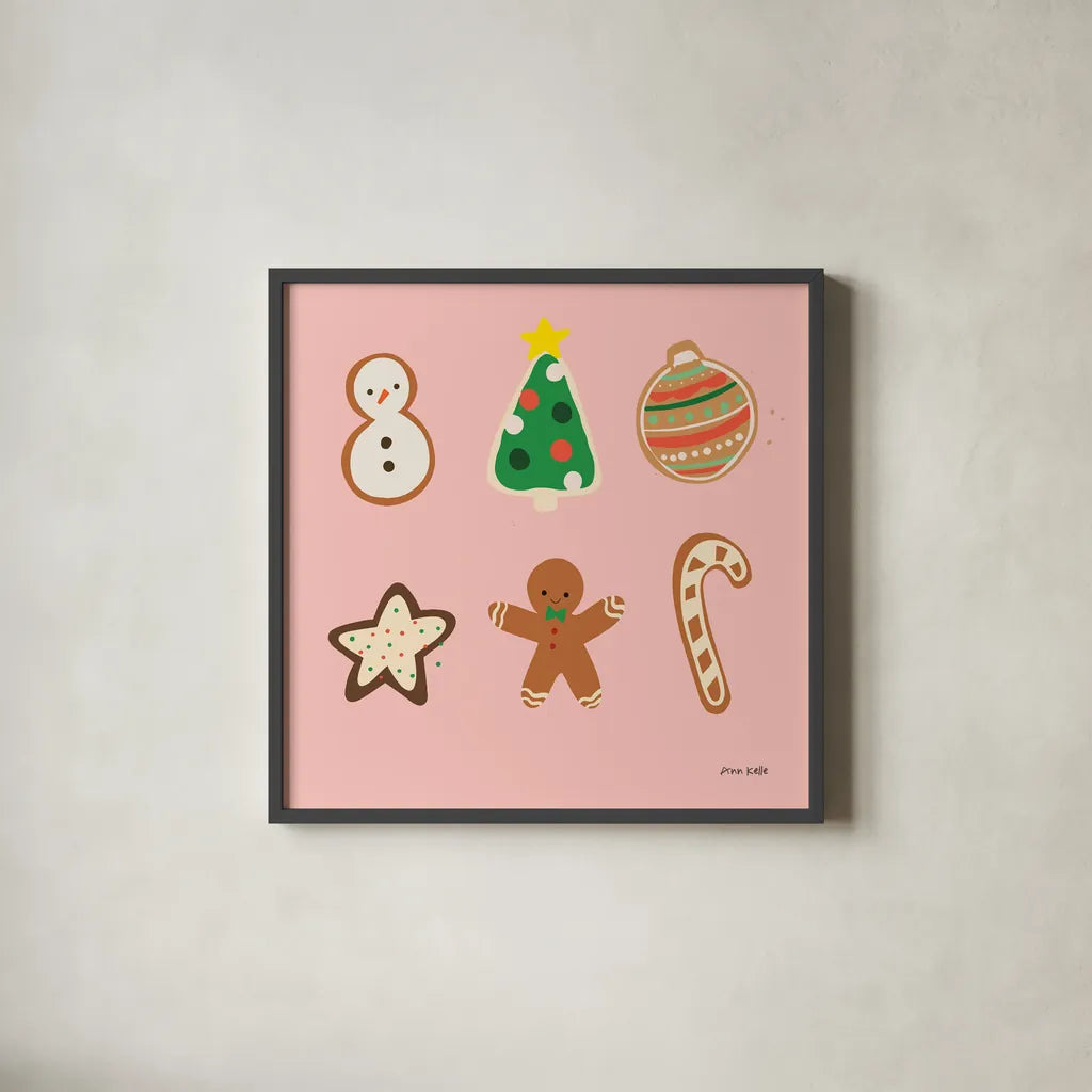 Christmas Cookies v2 by Ann Kelle. Shown in a sleek black glass frame for a contemporary gallery look. Available as an archival giclee rolled canvas, fine art paper, or poster print. SKU 101683a.