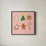 Christmas Cookies v2 by Ann Kelle. Shown in a sleek black glass frame for a contemporary gallery look. Available as an archival giclee rolled canvas, fine art paper, or poster print. SKU 101683a.
