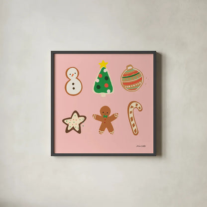 Christmas Cookies v2 by Ann Kelle. Shown in a sleek black glass frame for a contemporary gallery look. Available as an archival giclee rolled canvas, fine art paper, or poster print. SKU 101683a.