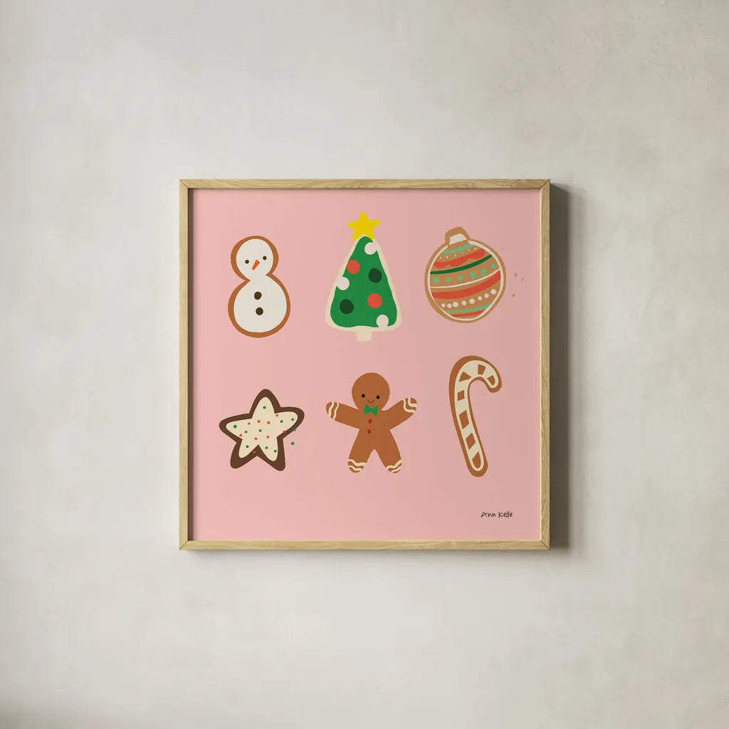 Christmas Cookies v2 by Ann Kelle. Shown in a natural wood glass frame for a timeless modern aesthetic. Available as an archival giclee rolled canvas, fine art paper, or poster print. SKU 101683a.
