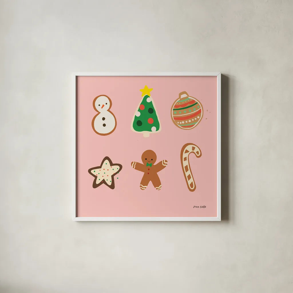 Christmas Cookies v2 by Ann Kelle. Shown in a crisp white glass frame for a clean and minimalist style. Available as an archival giclee rolled canvas, fine art paper, or poster print. SKU 101683a.