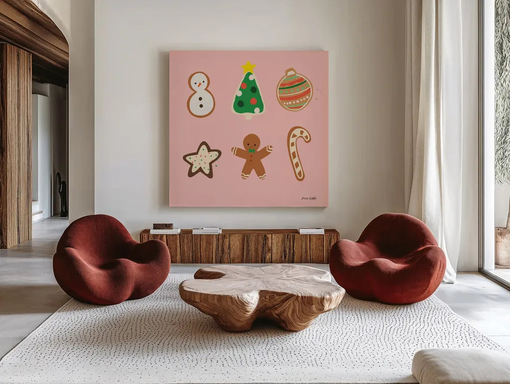 Christmas Cookies v2 by Ann Kelle. Shown as extra-large giant wall art in a modern living room. Available as an archival giclee rolled canvas, fine art paper, or poster print. SKU 101683a.