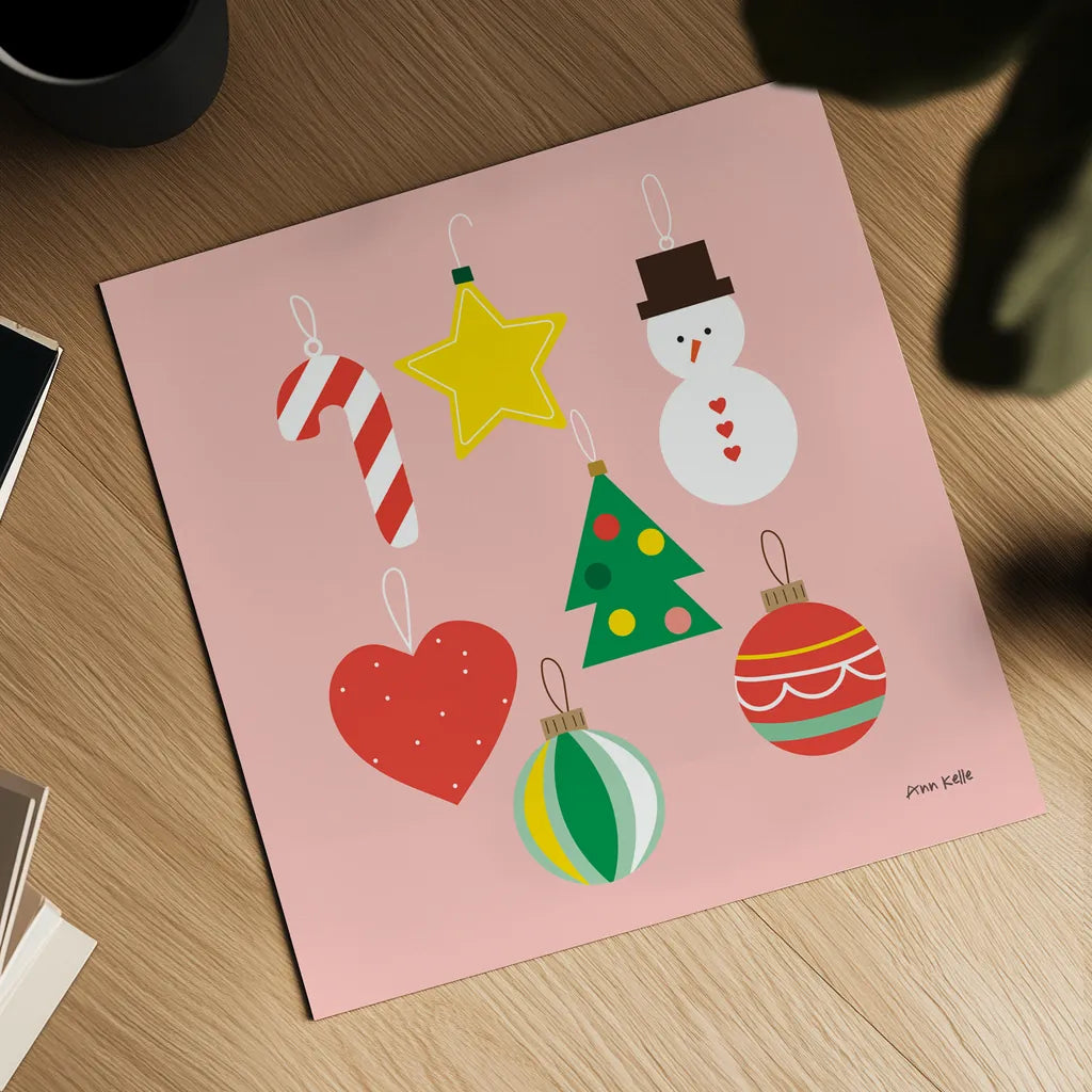 Christmas Ornaments by Ann Kelle. Shown as a detailed flat fine art print, highlighting archival giclee quality. Available as an archival giclee rolled canvas, fine art paper, or poster print. SKU 81226a.