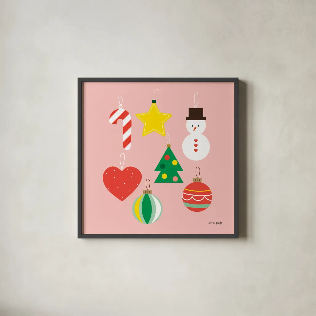 Christmas Ornaments by Ann Kelle. Shown in a sleek black glass frame for a contemporary gallery look. Available as an archival giclee rolled canvas, fine art paper, or poster print. SKU 81226a.