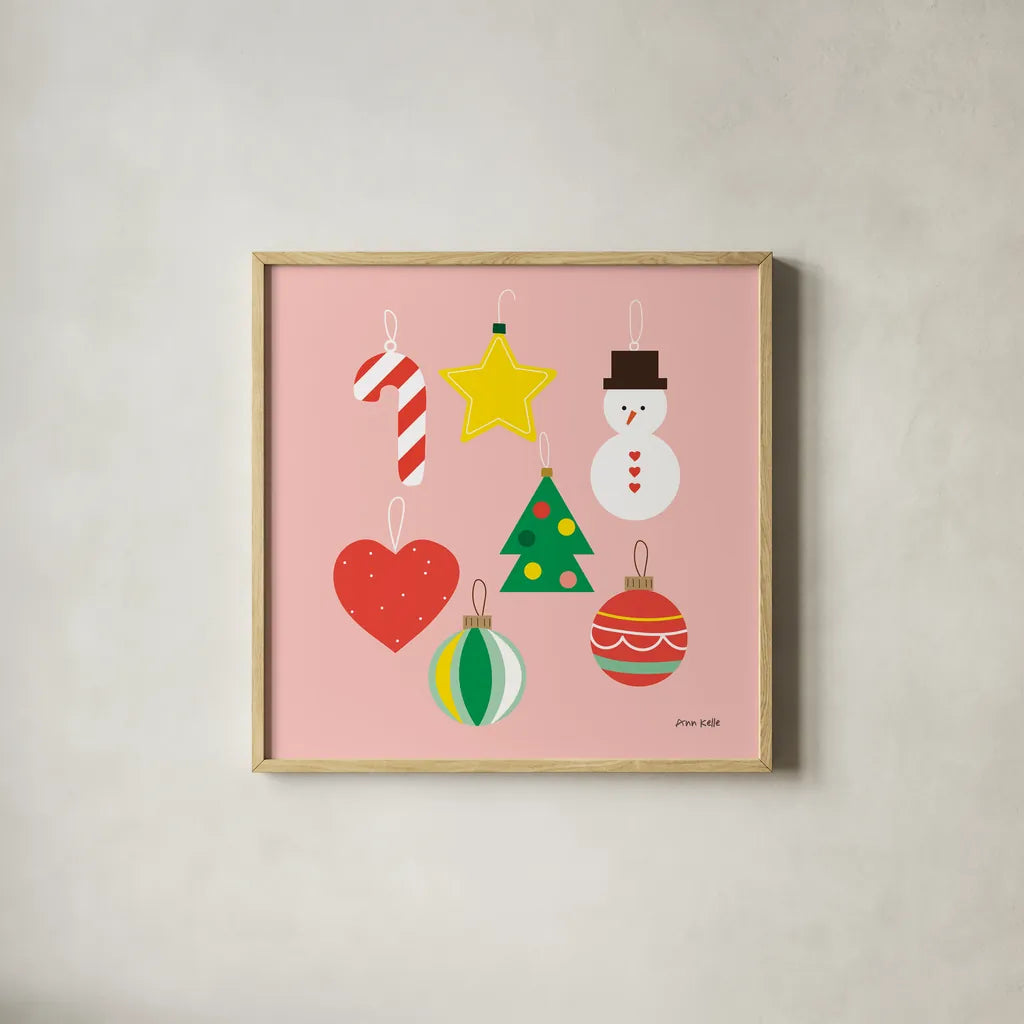 Christmas Ornaments by Ann Kelle. Shown in a natural wood glass frame for a timeless modern aesthetic. Available as an archival giclee rolled canvas, fine art paper, or poster print. SKU 81226a.