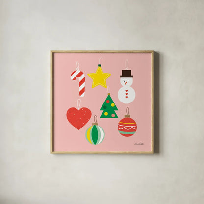 Christmas Ornaments by Ann Kelle. Shown in a natural wood glass frame for a timeless modern aesthetic. Available as an archival giclee rolled canvas, fine art paper, or poster print. SKU 81226a.