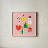 Christmas Ornaments by Ann Kelle. Shown in a crisp white glass frame for a clean and minimalist style. Available as an archival giclee rolled canvas, fine art paper, or poster print. SKU 81226a.