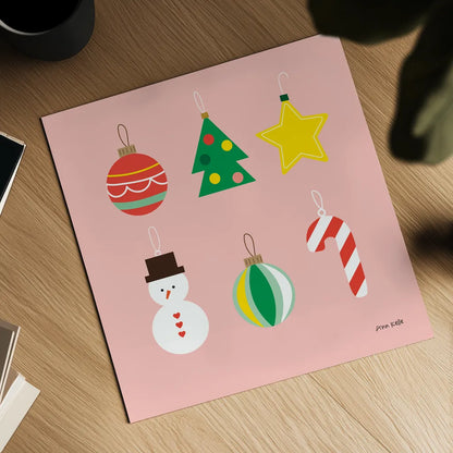 Christmas Ornaments v2 by Ann Kelle. Shown as a detailed flat fine art print, highlighting archival giclee quality. Available as an archival giclee rolled canvas, fine art paper, or poster print. SKU 101684a.