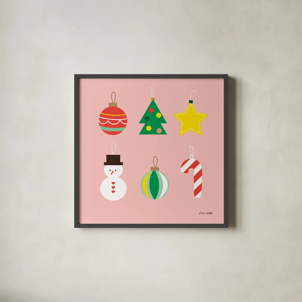 Christmas Ornaments v2 by Ann Kelle. Shown in a sleek black glass frame for a contemporary gallery look. Available as an archival giclee rolled canvas, fine art paper, or poster print. SKU 101684a.