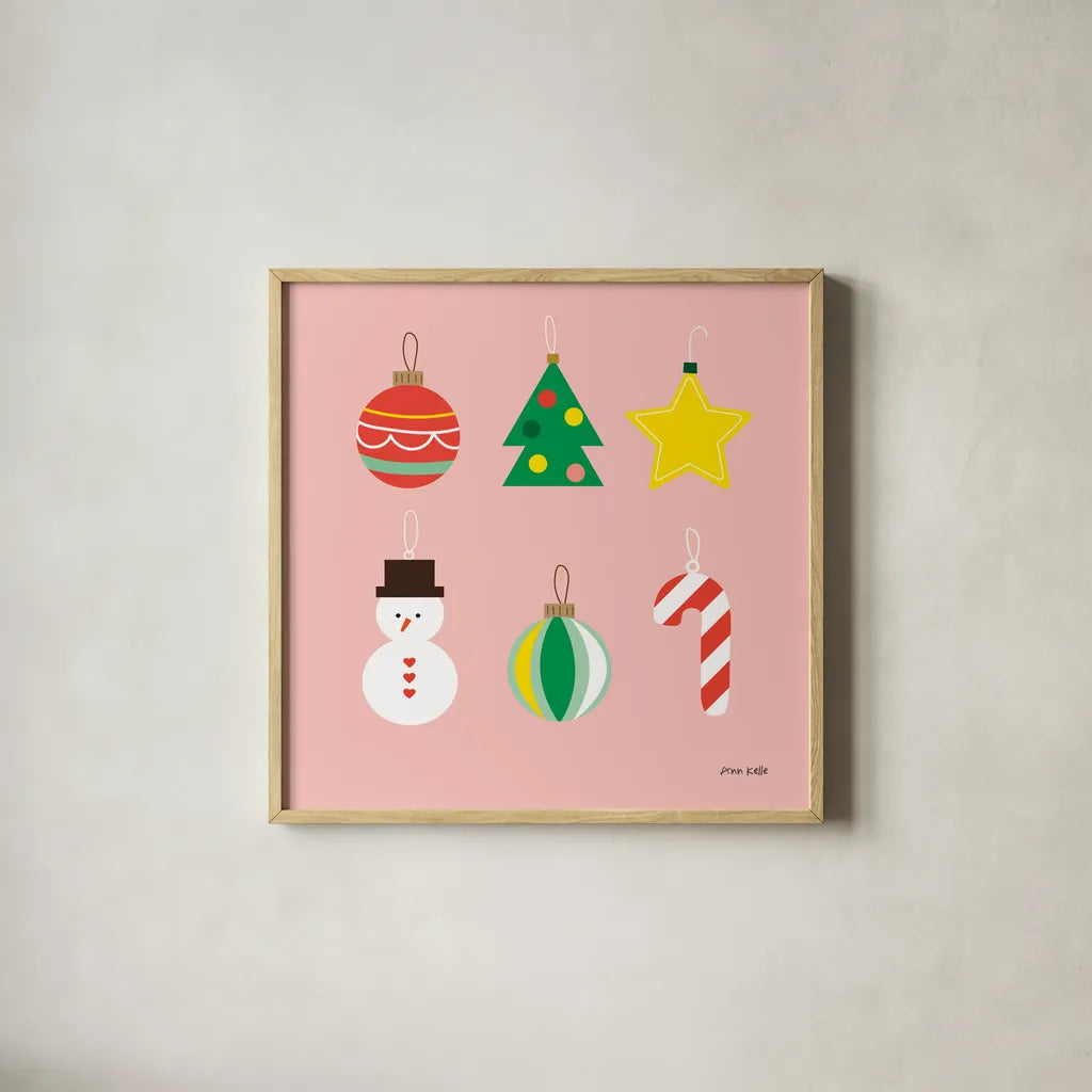 Christmas Ornaments v2 by Ann Kelle. Shown in a natural wood glass frame for a timeless modern aesthetic. Available as an archival giclee rolled canvas, fine art paper, or poster print. SKU 101684a.