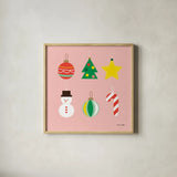 Christmas Ornaments v2 by Ann Kelle. Shown in a natural wood glass frame for a timeless modern aesthetic. Available as an archival giclee rolled canvas, fine art paper, or poster print. SKU 101684a.