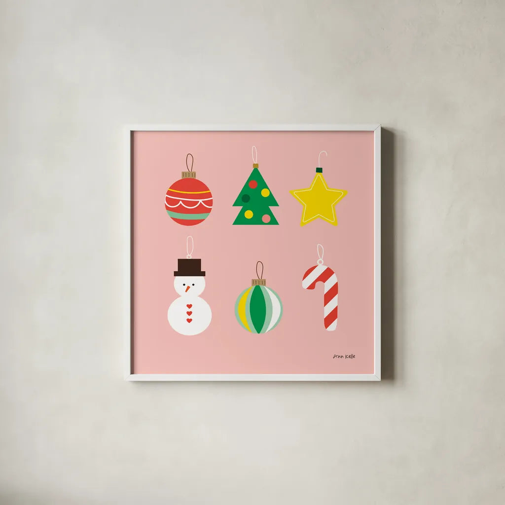 Christmas Ornaments v2 by Ann Kelle. Shown in a crisp white glass frame for a clean and minimalist style. Available as an archival giclee rolled canvas, fine art paper, or poster print. SKU 101684a.
