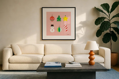 Christmas Ornaments v2 by Ann Kelle. Displayed in a glass frame with matte in a clean modern living room. Available as an archival giclee rolled canvas, fine art paper, or poster print. SKU 101684a.