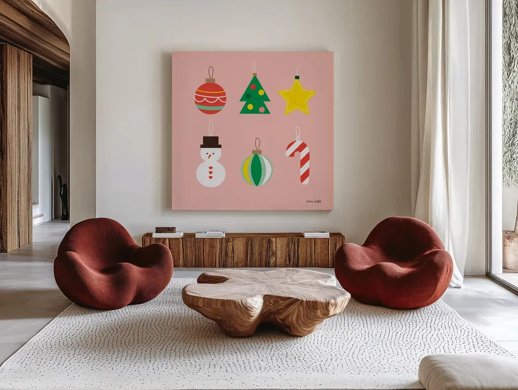 Christmas Ornaments v2 by Ann Kelle. Shown as extra-large giant wall art in a modern living room. Available as an archival giclee rolled canvas, fine art paper, or poster print. SKU 101684a.