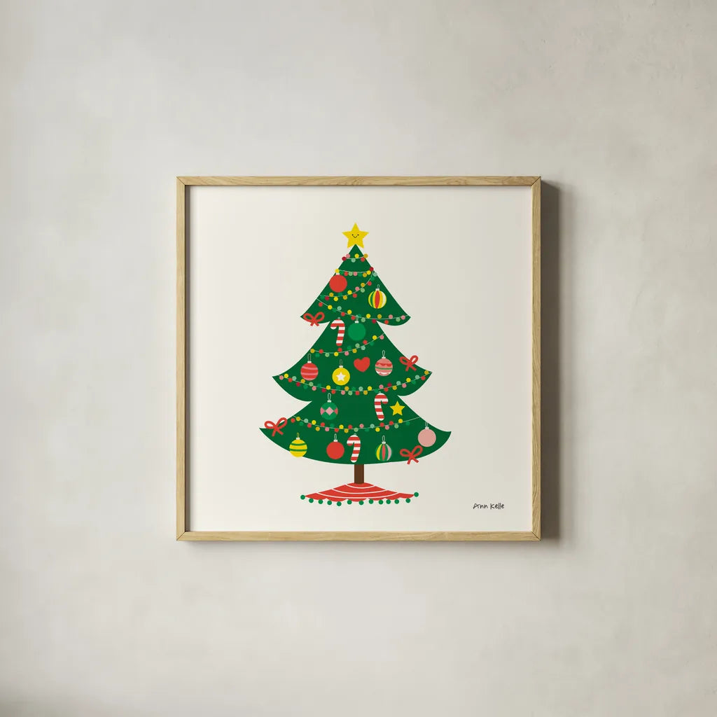 Christmas Tree by Ann Kelle. Shown in a natural wood glass frame for a timeless modern aesthetic. Available as an archival giclee rolled canvas, fine art paper, or poster print. SKU 81227a.