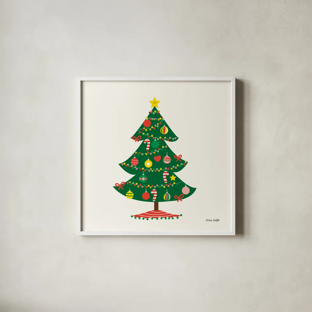 Christmas Tree by Ann Kelle. Shown in a crisp white glass frame for a clean and minimalist style. Available as an archival giclee rolled canvas, fine art paper, or poster print. SKU 81227a.