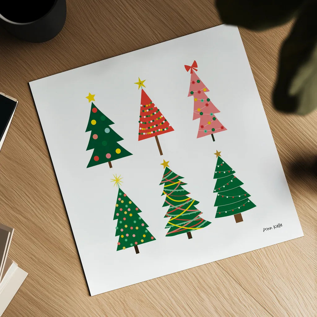 Christmas Trees by Ann Kelle. Shown as a detailed flat fine art print, highlighting archival giclee quality. Available as an archival giclee rolled canvas, fine art paper, or poster print. SKU 81228a.
