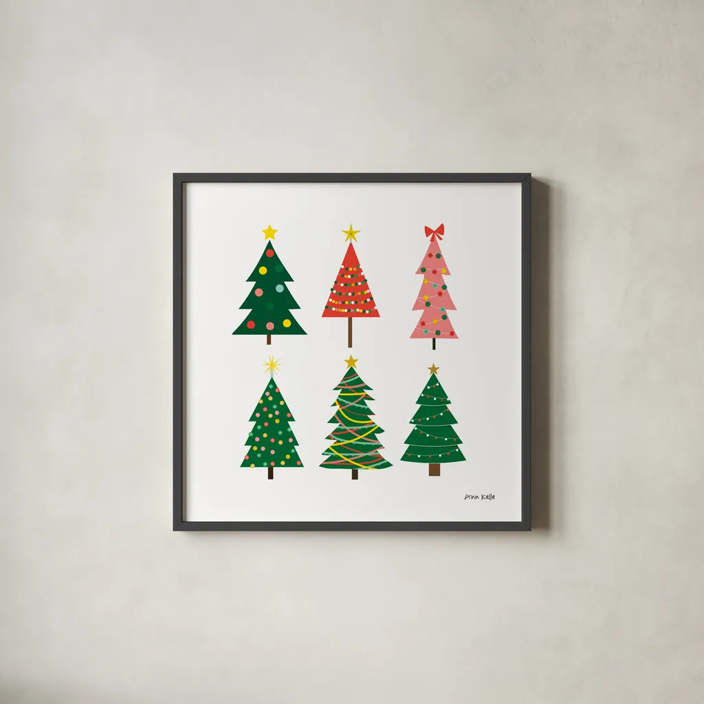Christmas Trees by Ann Kelle. Shown in a sleek black glass frame for a contemporary gallery look. Available as an archival giclee rolled canvas, fine art paper, or poster print. SKU 81228a.