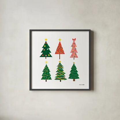 Christmas Trees by Ann Kelle. Shown in a sleek black glass frame for a contemporary gallery look. Available as an archival giclee rolled canvas, fine art paper, or poster print. SKU 81228a.