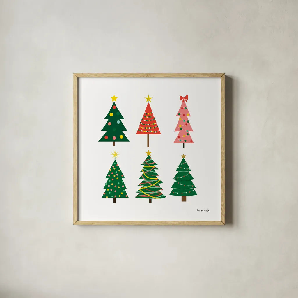 Christmas Trees by Ann Kelle. Shown in a natural wood glass frame for a timeless modern aesthetic. Available as an archival giclee rolled canvas, fine art paper, or poster print. SKU 81228a.