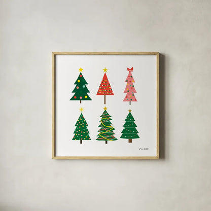 Christmas Trees by Ann Kelle. Shown in a natural wood glass frame for a timeless modern aesthetic. Available as an archival giclee rolled canvas, fine art paper, or poster print. SKU 81228a.